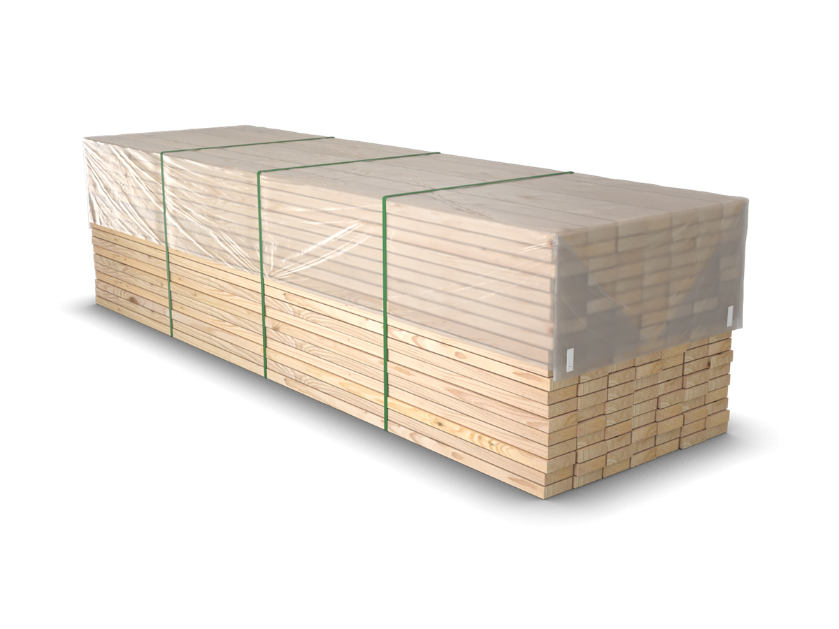 Virkespaket/skivmaterial med täckfolie transparent